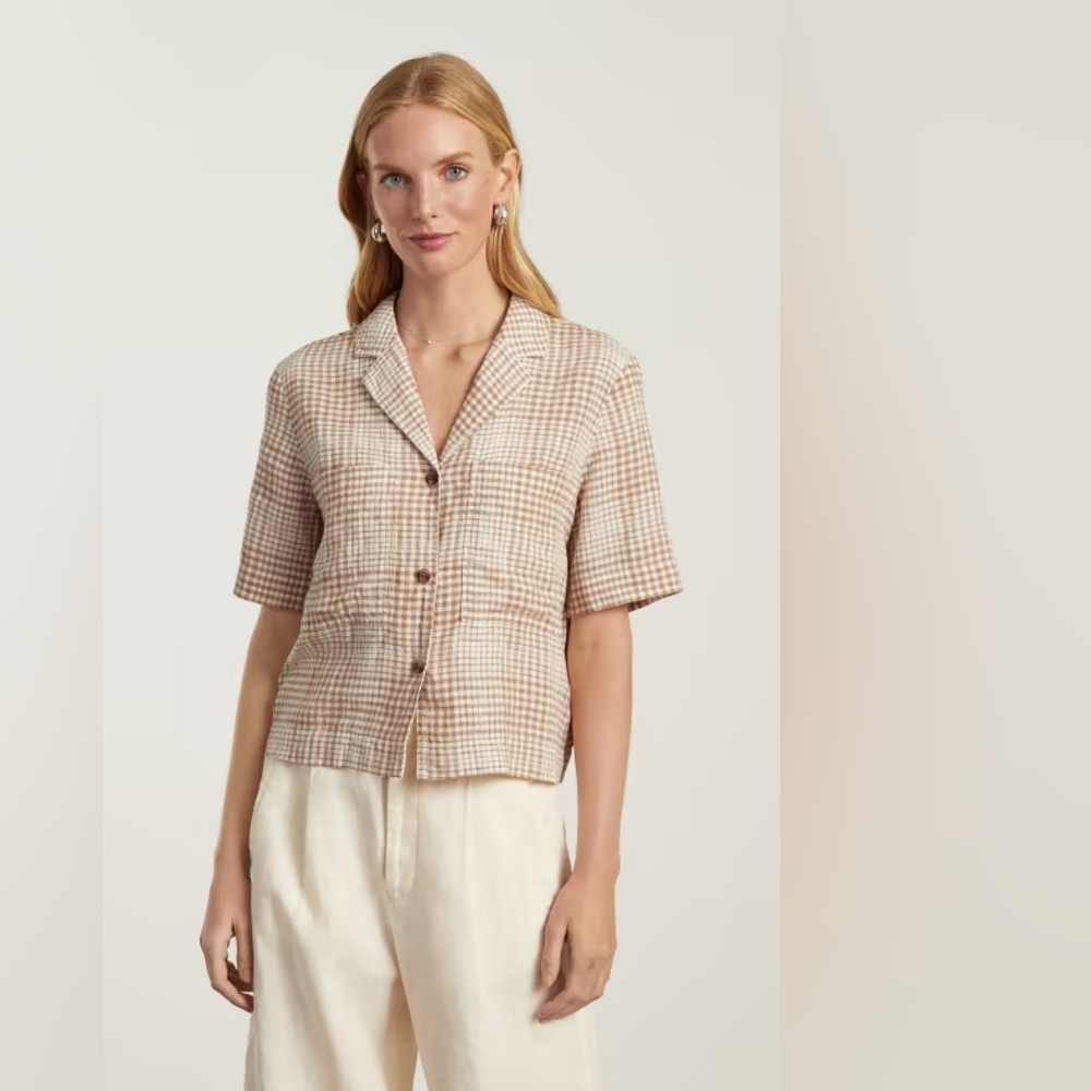 Everlane The Linen Workwear Shirt Size Medium Brown Gingham